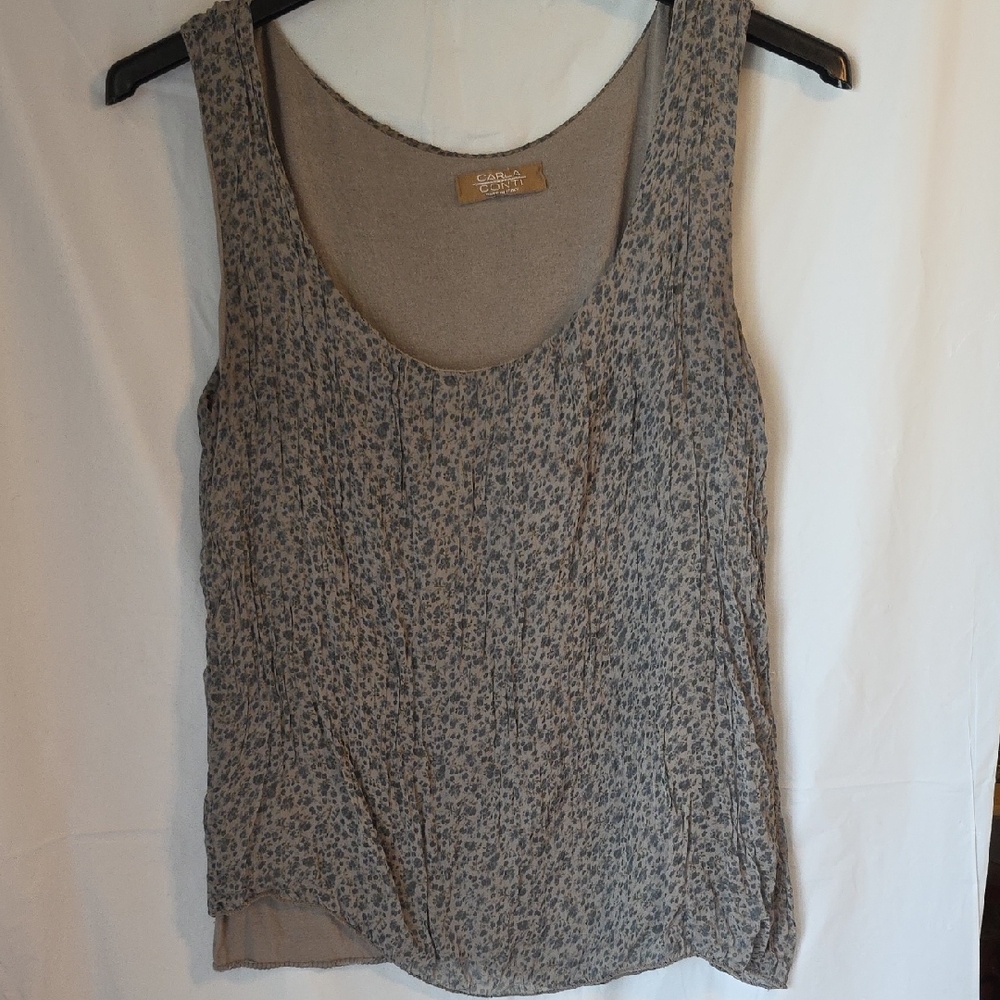 Carla Conti Blue And Grayish Brown Floral Tank Top Shell 100% Silk Size S